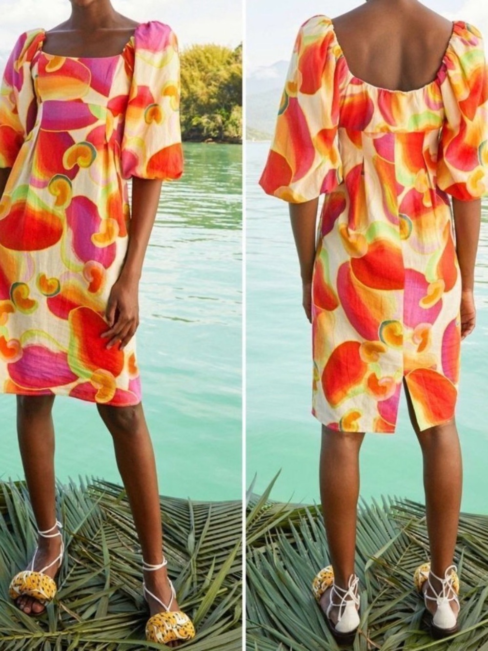 Farm Rio Puff Sleeves Cashew Midi Dress sz Small VGUC